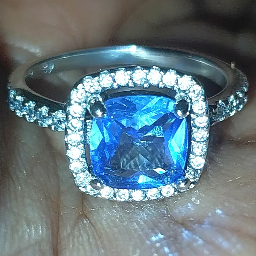 Blue Sapphire 925 Silver Halo Ring with Diamond Accents Sz 6